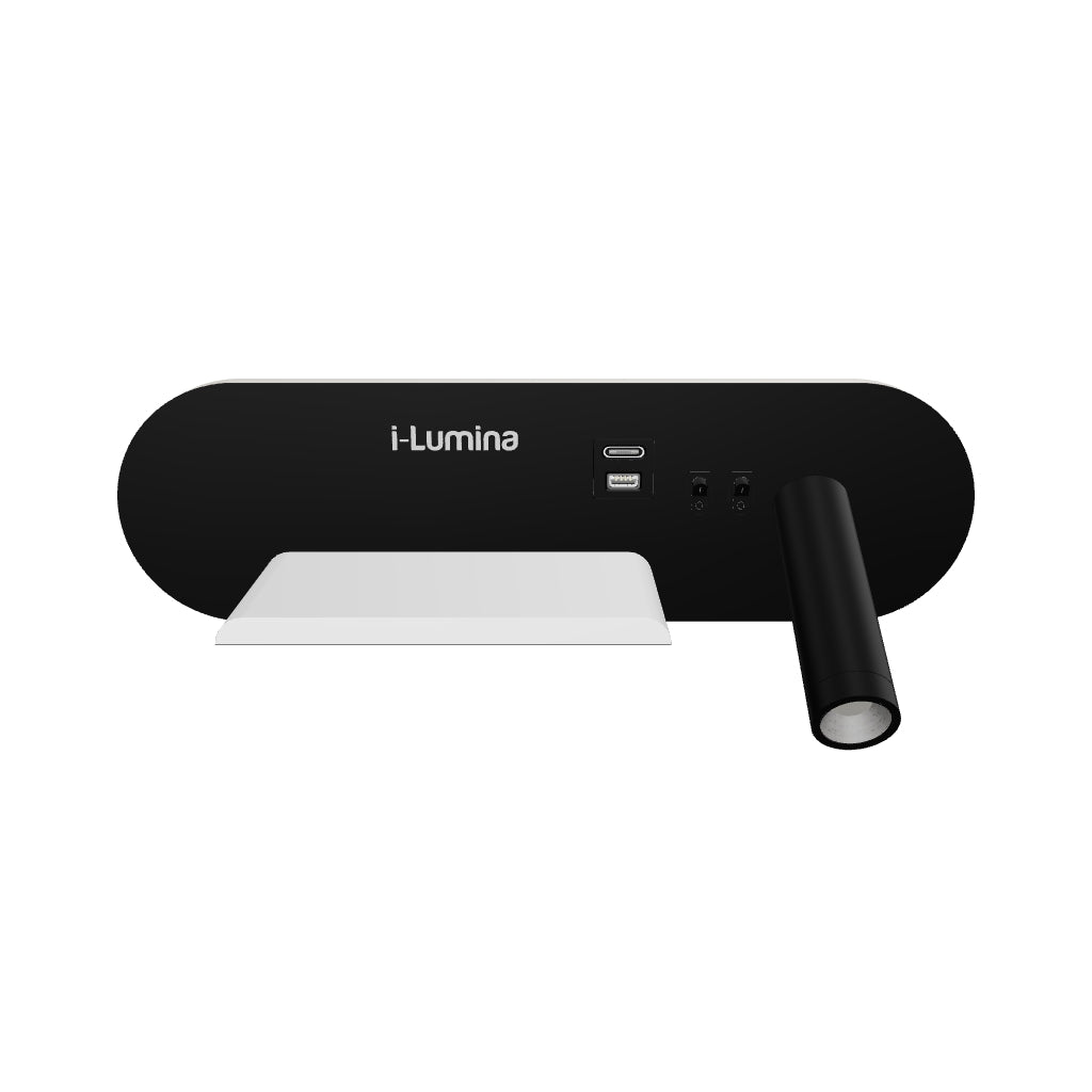 LÁMPARA DE PARED INTERIOR SYMMETRY BLACK LED 8W  + LUZ CÁLIDA DE LECTURA LED 3W + CARGADOR USB - TIPO C PARA IPHONE Y ANDROID Y CARGADOR INALÁMBRICO WIRELESS