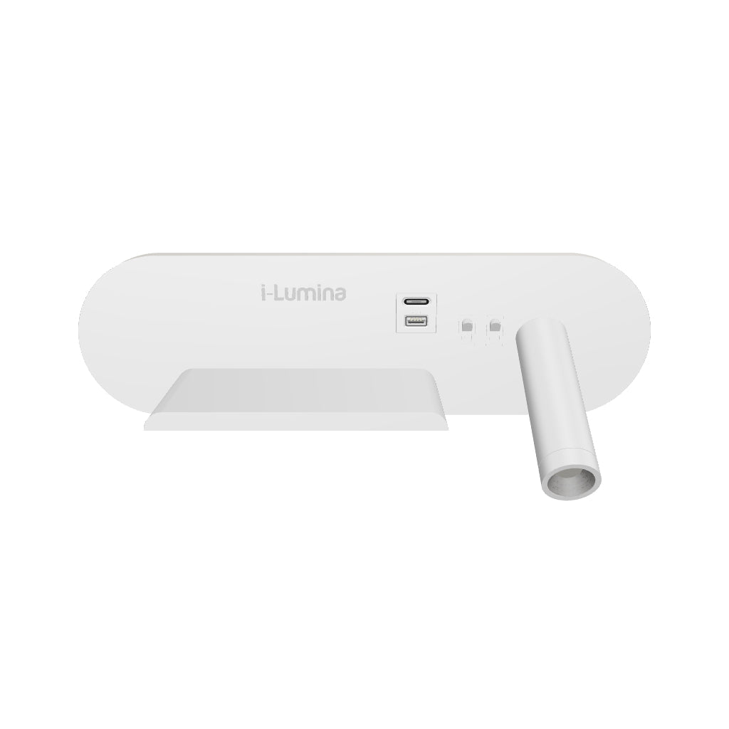 LÁMPARA DE PARED INTERIOR SYMMETRY WHITE LED 8W  + LUZ CÁLIDA DE LECTURA LED 3W + CARGADOR USB - TIPO C PARA IPHONE Y ANDROID Y CARGADOR INALÁMBRICO WIRELESS