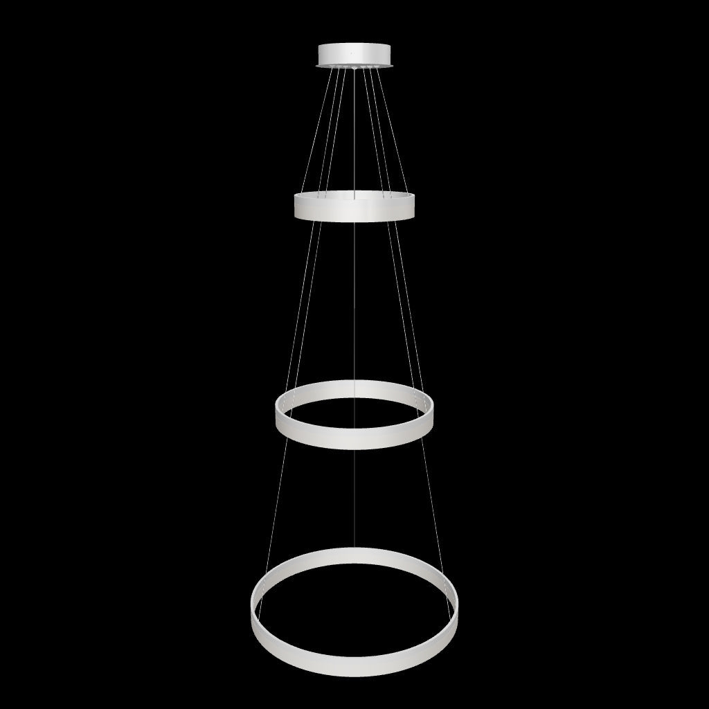 Modelo tridimensional de lámpara de suspensión lineal con tres aros concéntricos sobre fondo blanco.