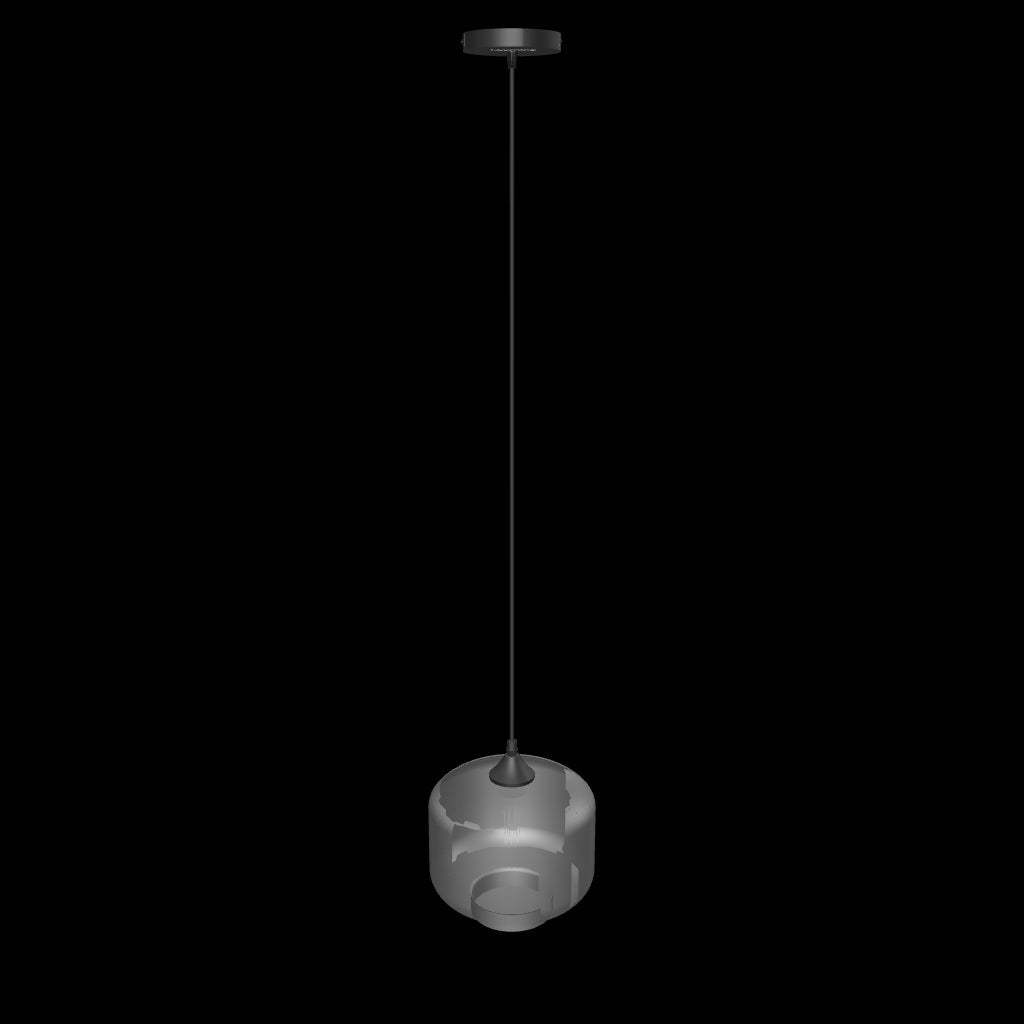 Modelado tridimensional de luminaria cilíndrica con cable regulable para proyectos de interiorismo.