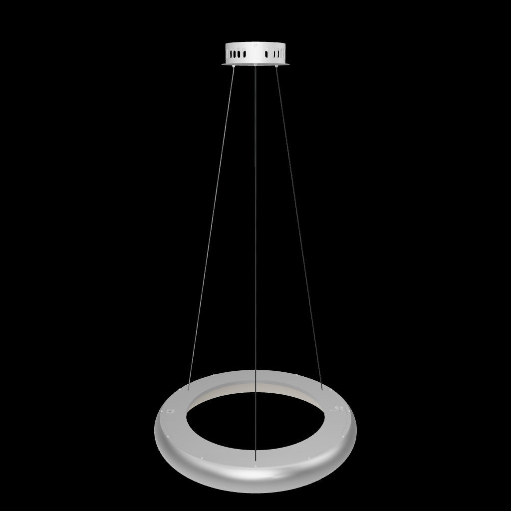 Renderizado 3D de lámpara circular blanca con sistema de cables de suspensión acerados.