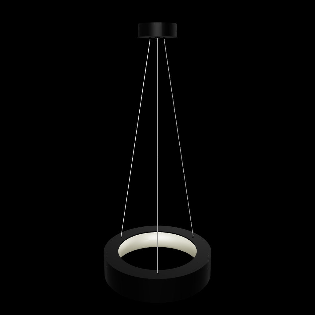 Modelo tridimensional de lámpara circular de suspensión con acabados premium sobre fondo blanco.
