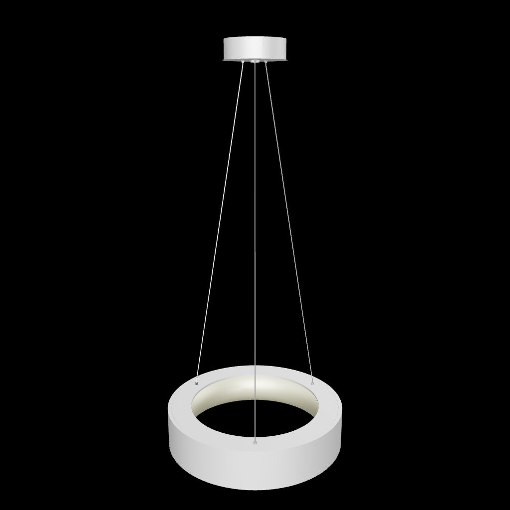 Vista 3D de lámpara colgante circular blanca con cables de suspensión ajustables