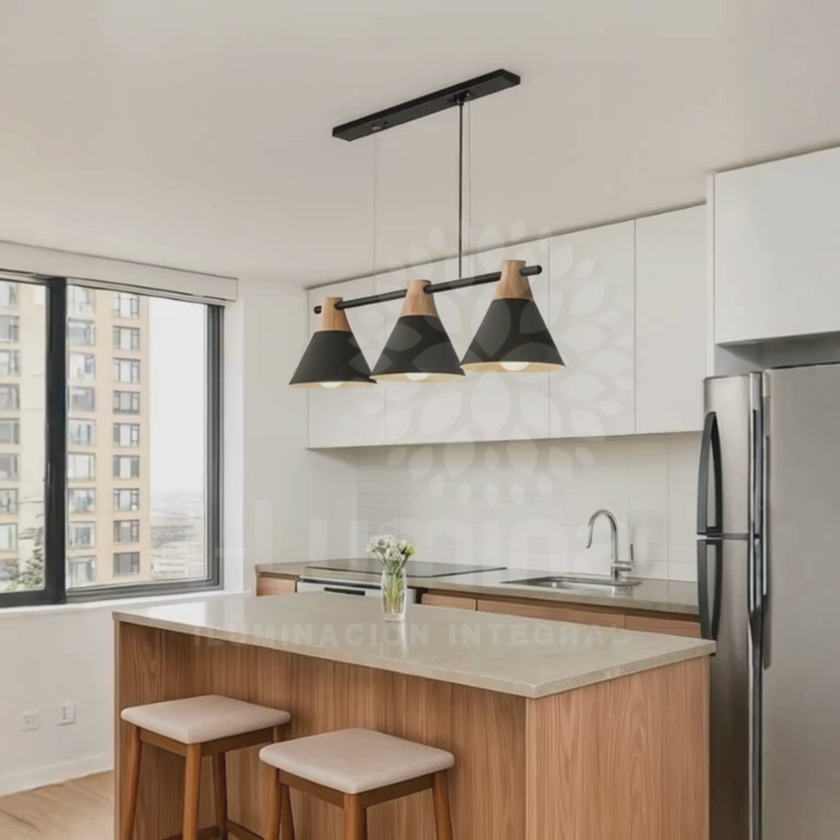 LÁMPARA COLGANTE ELIS BLACK AND WOOD + FOCO LED 12W LUZ CÁLIDA