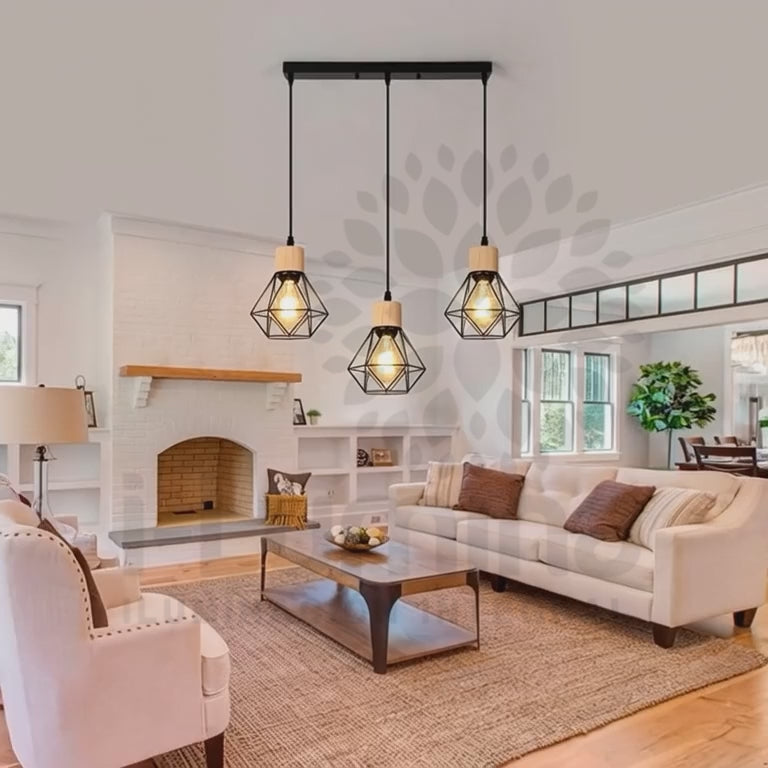 LÁMPARA COLGANTE TIPO JAULA TRIO MARINA BLACK AND WOOD + FOCO LED TIPO PERA A60 FILAMENTO TRANSP 4W 2700K LUZ CÁLIDA ILUMINA