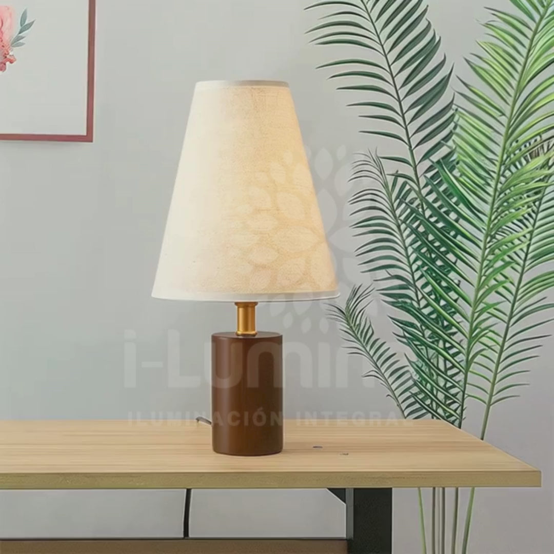 LÁMPARA DE MESA DE MADERA BELLA + FOCO LED 12W LUZ CÁLIDA