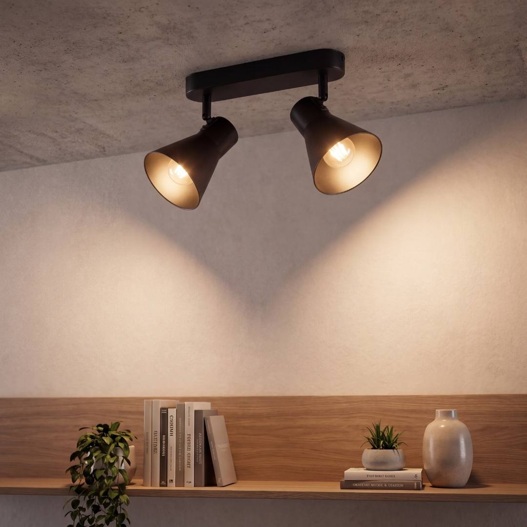 Plafón de sobreponer con dos puntos de luz cónicos orientables para iluminación técnica residencial.