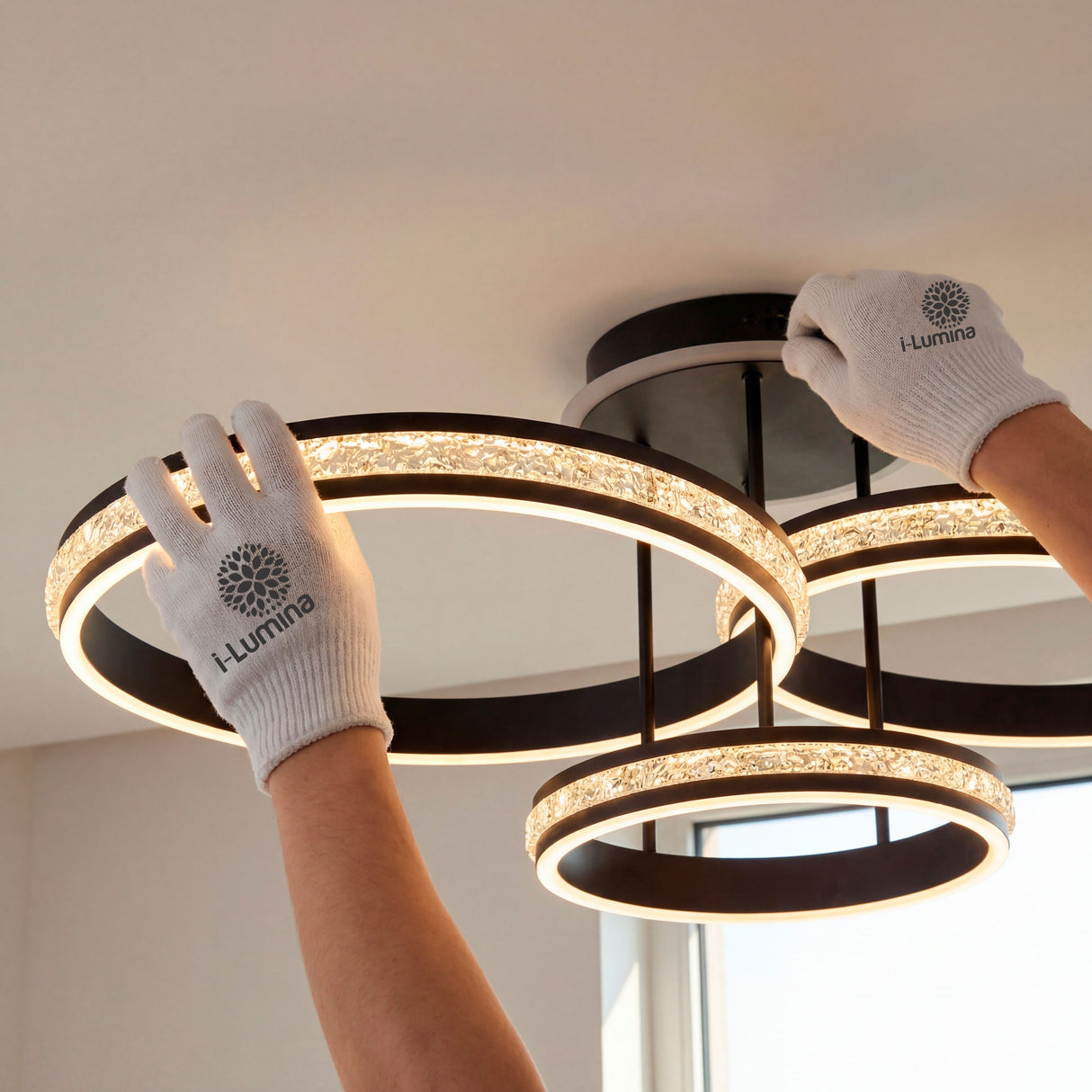 Manipulación técnica de la estructura de triple aro negro con guantes de microfibra.