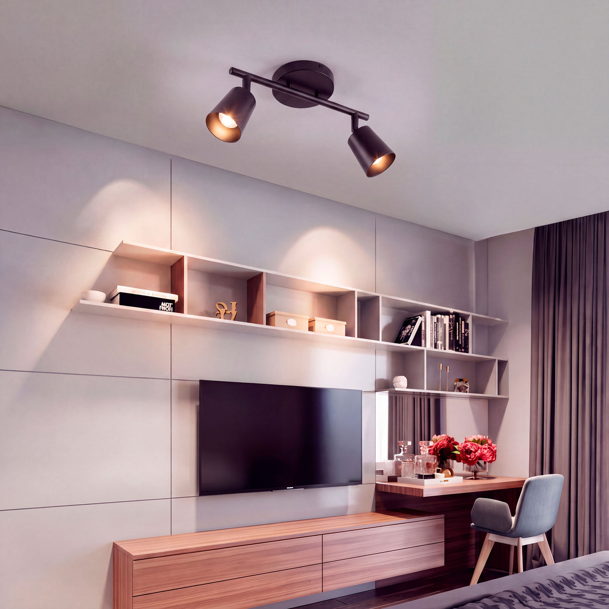 Iluminación cenital de acento dirigida hacia mobiliario de vestidor residencial.
