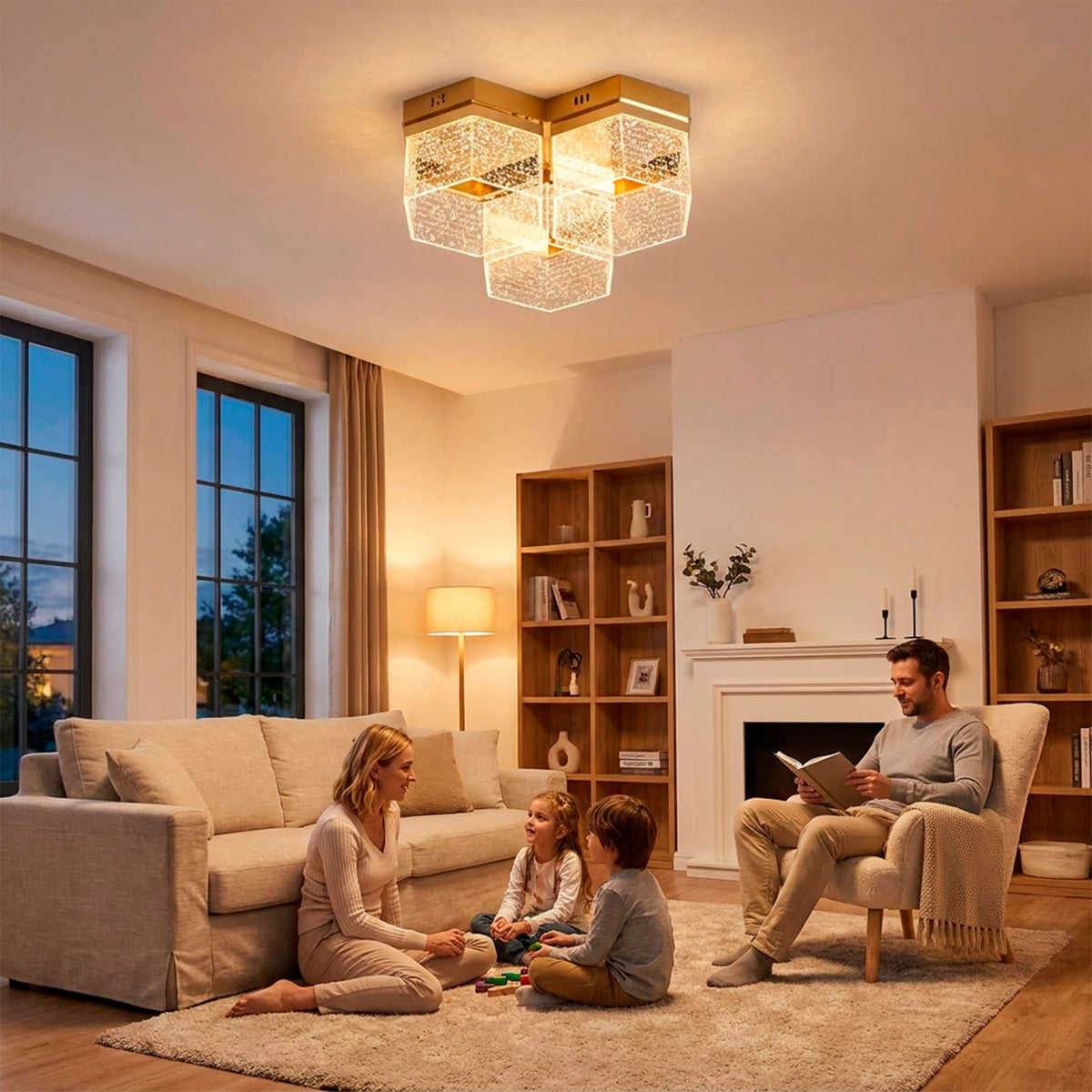 Iluminación cenital sobre salas de estar familiares creando atmósferas acogedoras y confortables.