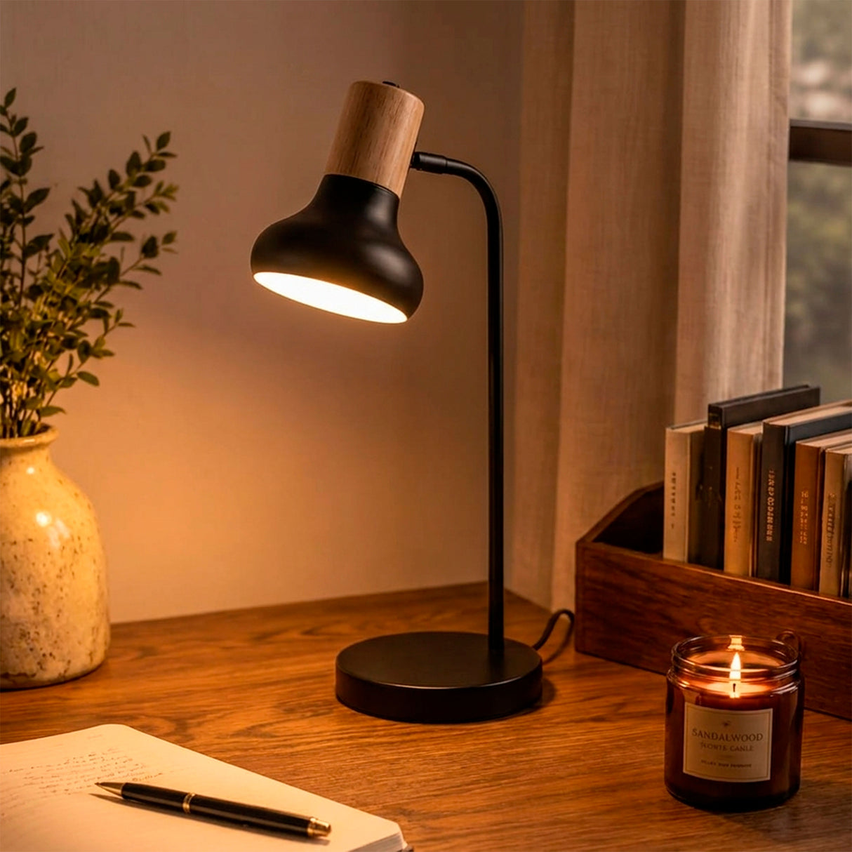 Punto de luz cálida directo sobre mesa auxiliar, resaltando texturas e integrando acabados premium.