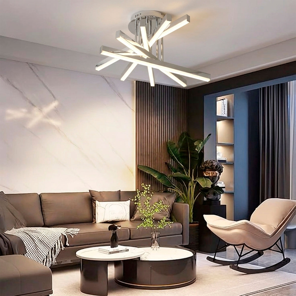 Distribución de luz ambiental tenue sobre estancia residencial en proyectos de arquitectura.