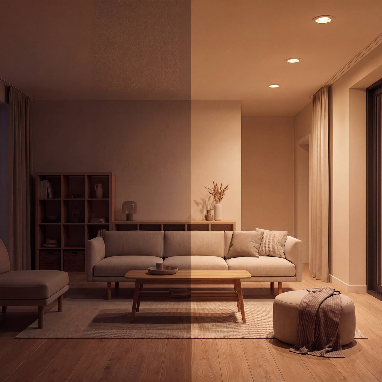 Contraste de flujo luminoso que muestra la capacidad de dimerización para crear escenas lumínicas íntimas.