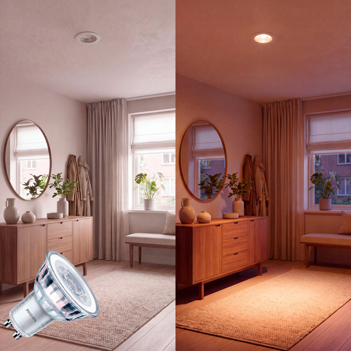 Comparativa del nivel de brillo de luz cálida en un dormitorio usando focos dimmables.