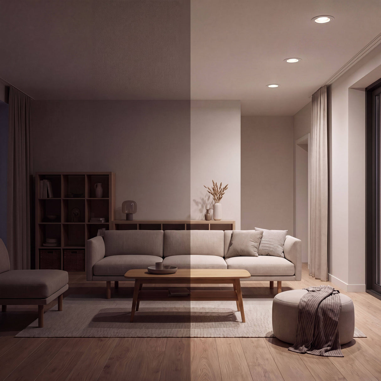 Contraste de nivel lumínico que demuestra la versatilidad de la atenuación en la arquitectura de interiores.