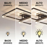 Infografía técnica mostrando los niveles de brillo bajo, medio y alto de la luminaria LED.