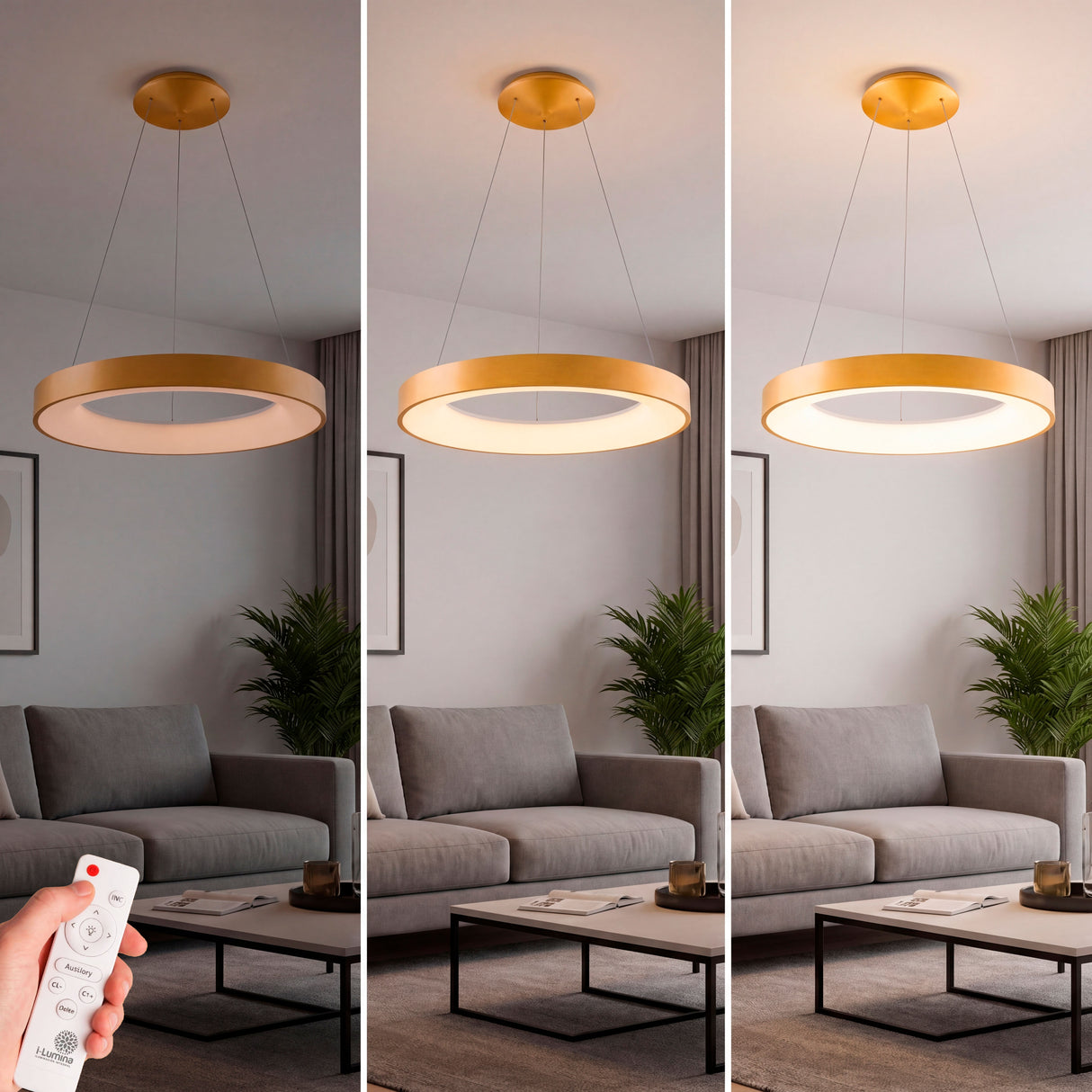 Tres niveles de brillo controlados por mando remoto en salón con sofá gris contemporáneo.