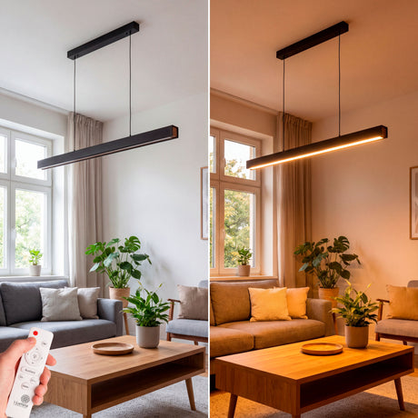 Comparativa de ambientes (luz cálida y neutra) en salón contemporáneo con mando remoto.