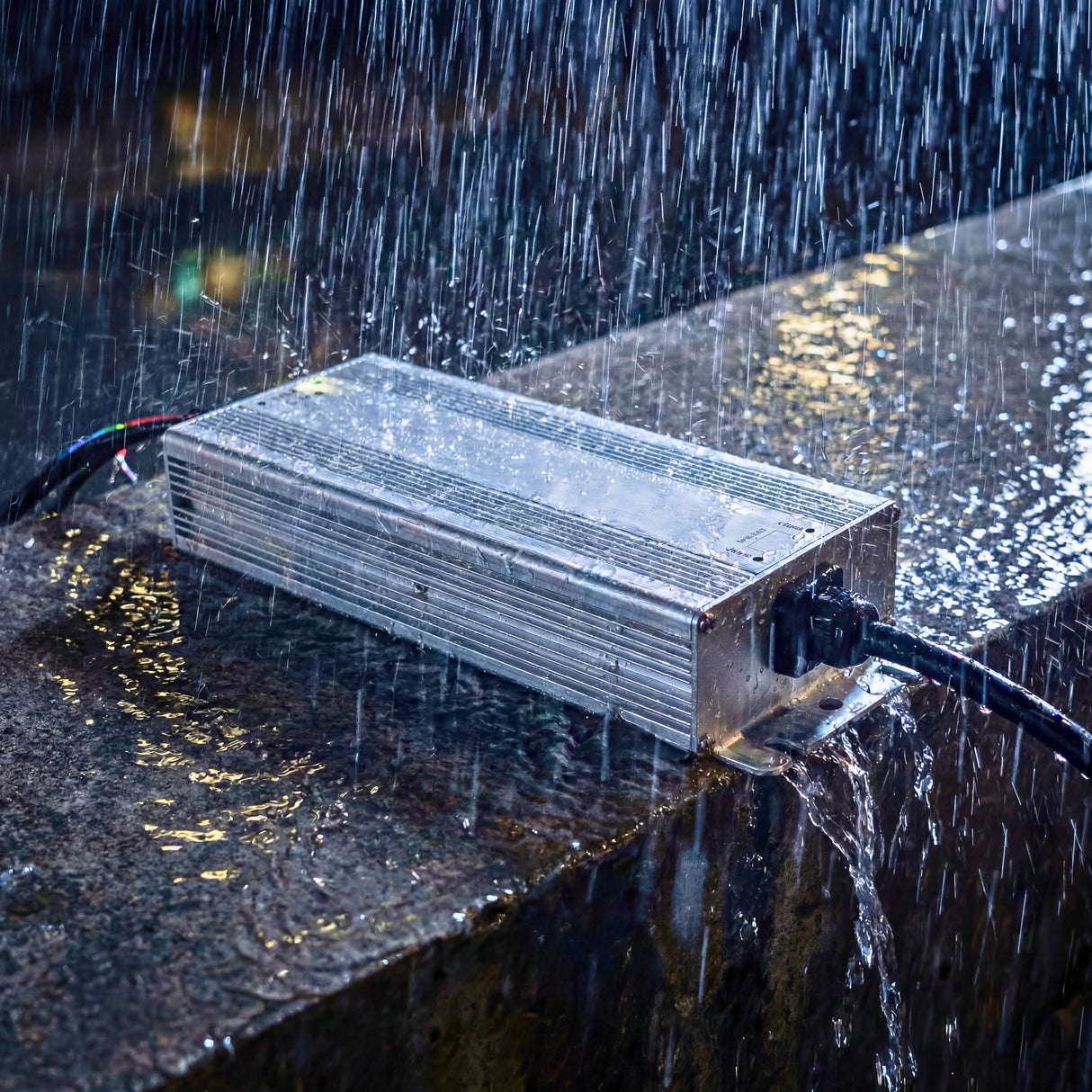 Driver estanco funcionando bajo flujo de agua directa simulando condiciones de lluvia extrema para seguridad exterior.