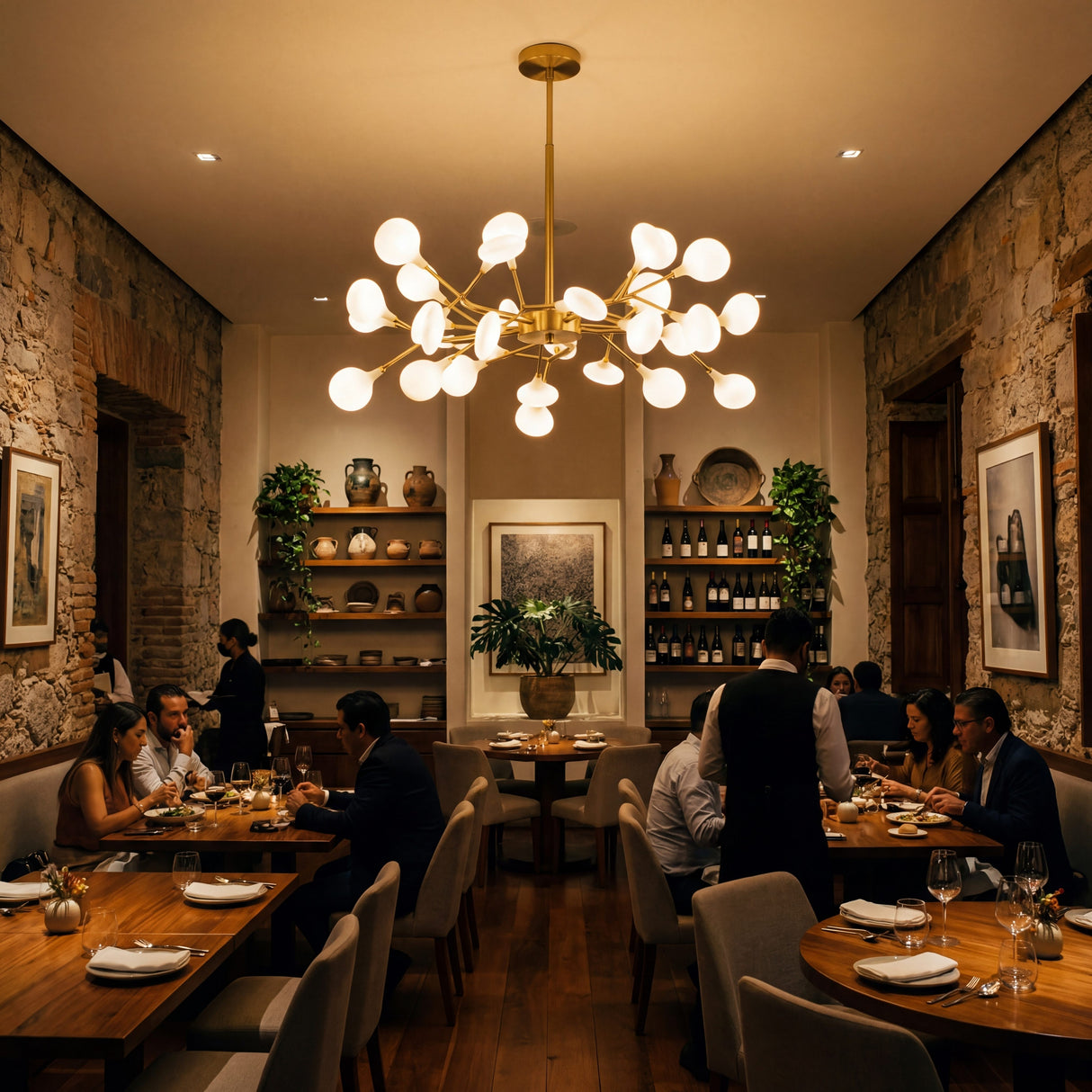 Ambiente de restaurante decorado con lamparas Sputnik Nativa Gold en luz calida.