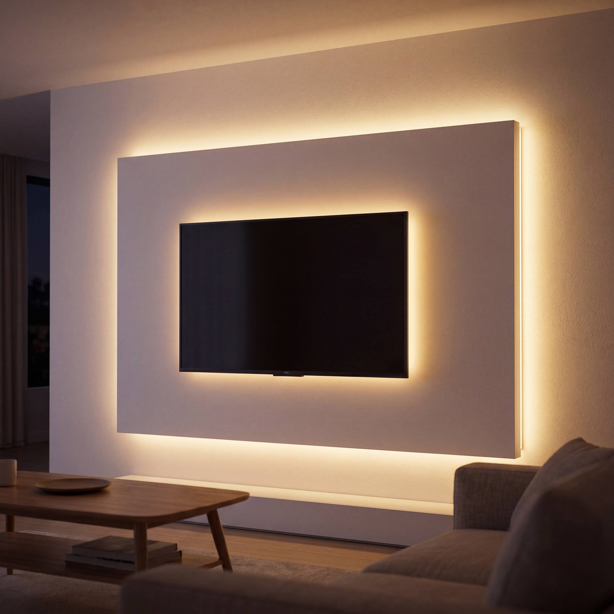 Iluminación ambiental empotrada detrás del panel de televisión en una sala de estar de diseño contemporáneo.