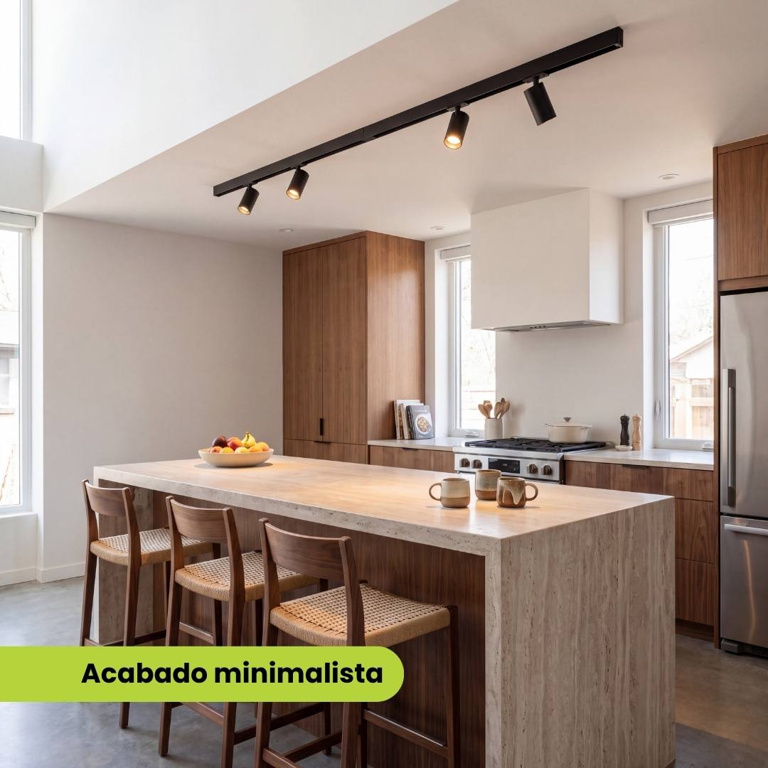 Riel magnético adosable con spots iluminando una cocina con isla de diseño minimalista