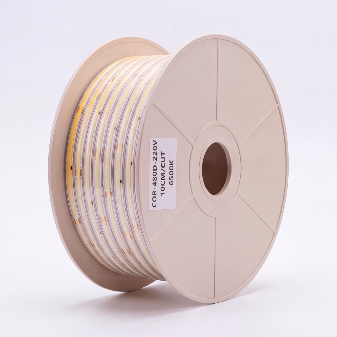 Rollo completo de cinta LED COB 220V de 100 metros lineales en luz fría