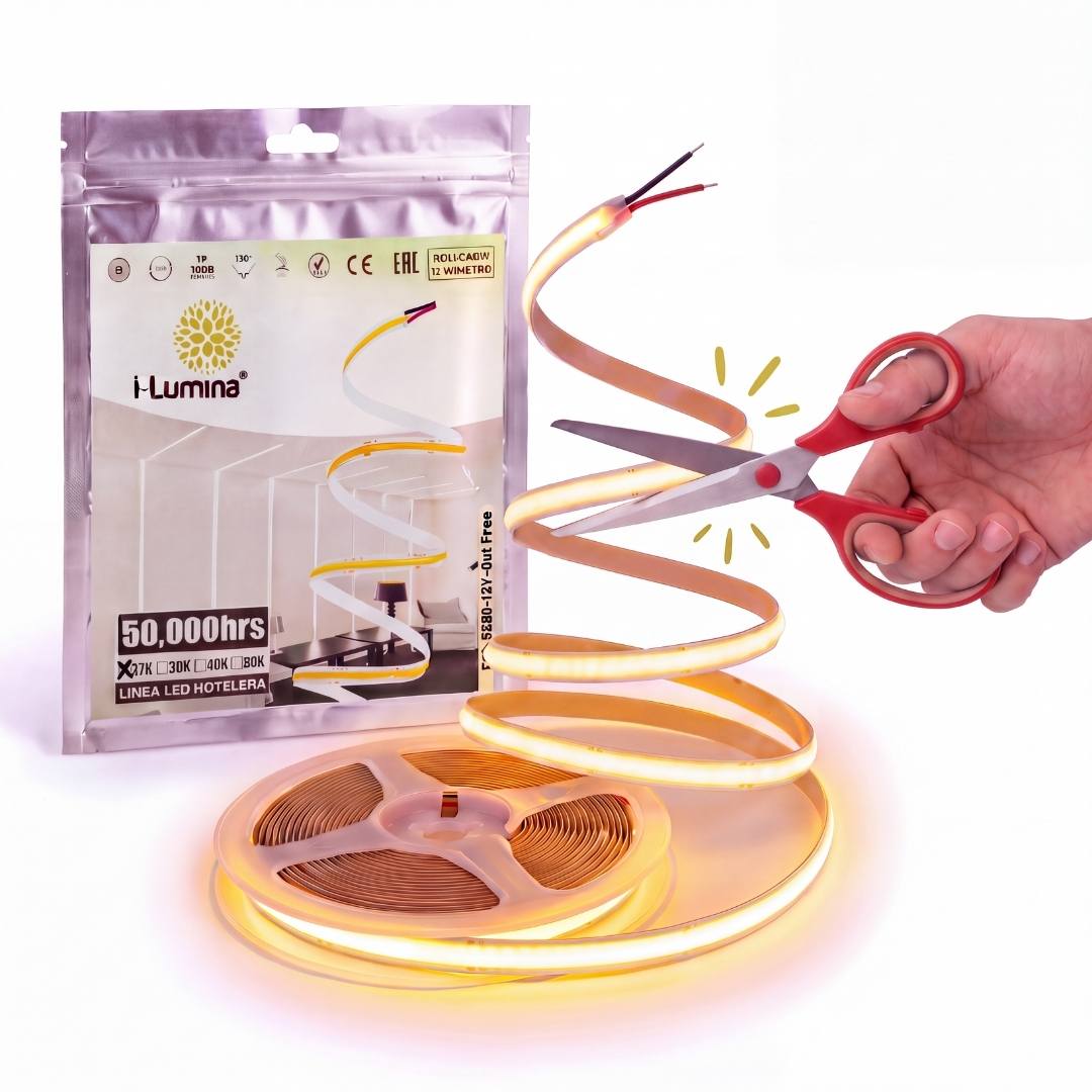 Rollo de cinta LED COB 12V de 5 metros encendido en luz cálida 2700K