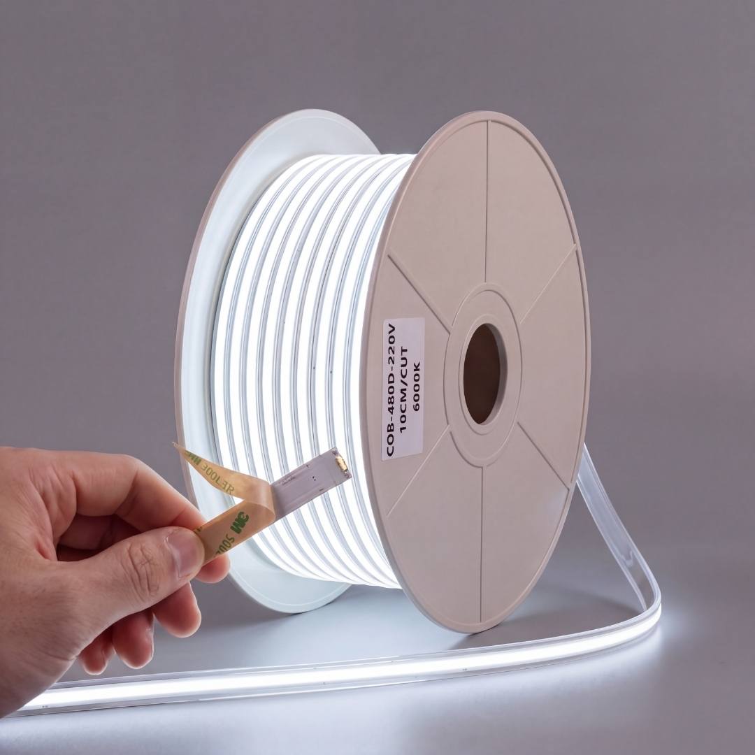 Rollo de cinta LED COB 220V de 100 metros encendido en luz fría 6000K
