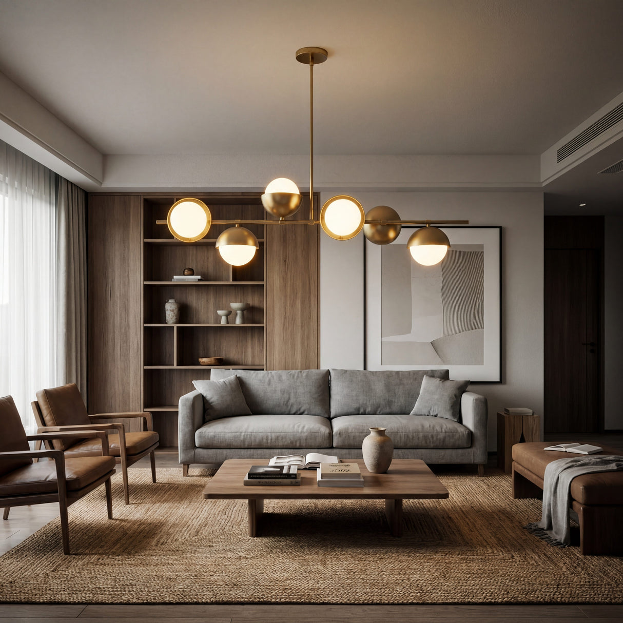 Sala de estar de departamento moderno decorada con la lampara lineal Nova Gold.