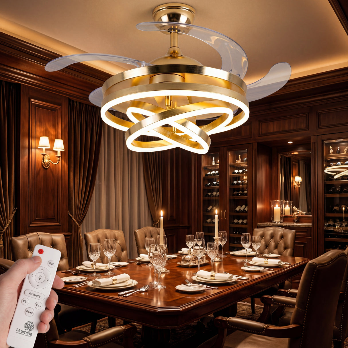 Salón de eventos decorado con múltiples unidades de la lámpara ventilador Luxury Gold.