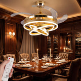 Salón de eventos decorado con múltiples unidades de la lámpara ventilador Luxury Gold.