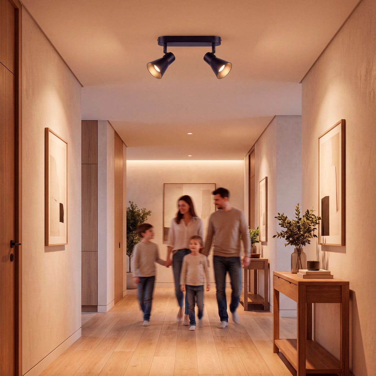 Alineación de luminarias de sobreponer para señalización y tránsito en residencia contemporánea.