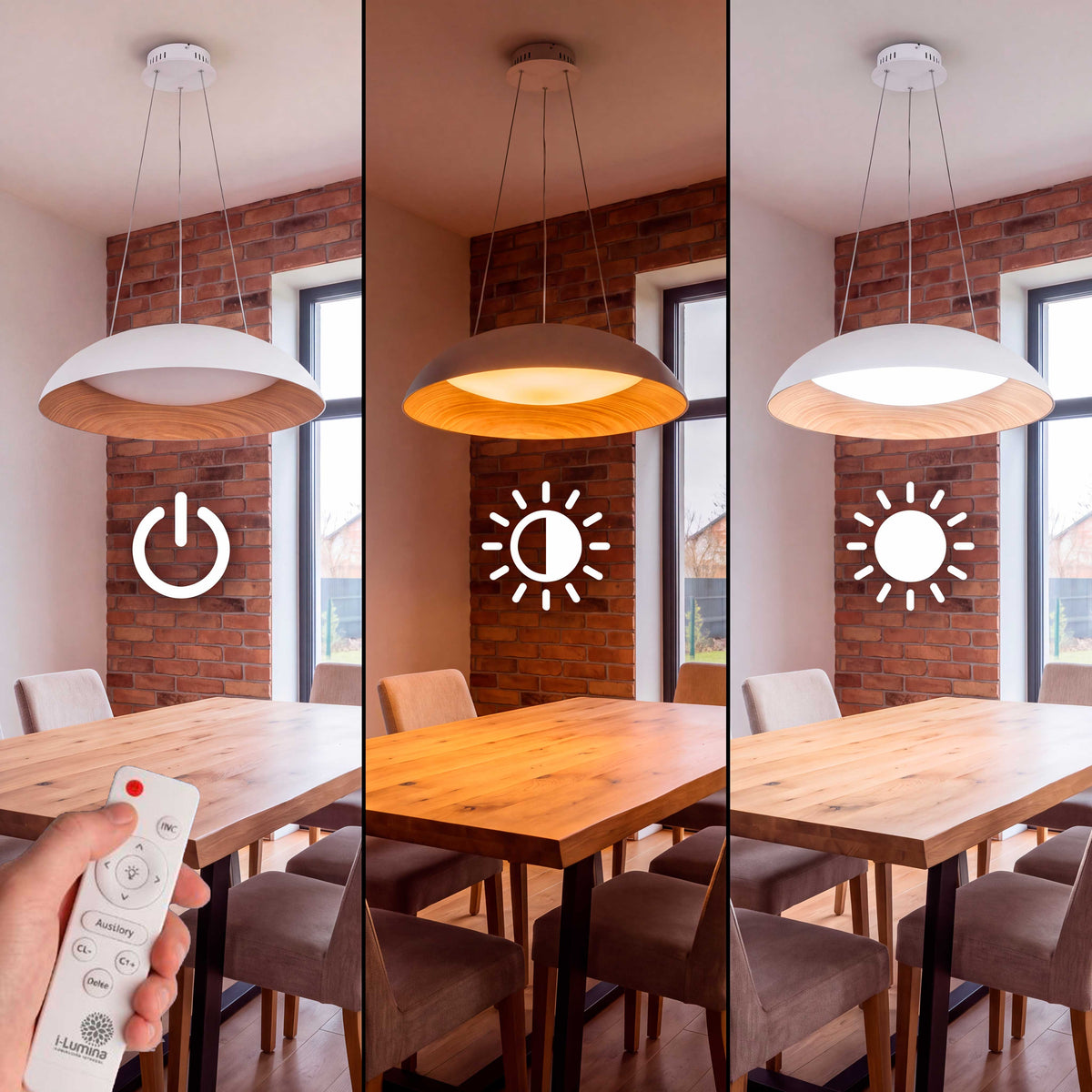 Secuencia de regulación de intensidad dimable para personalizar la iluminación ambiental en comedores residenciales.