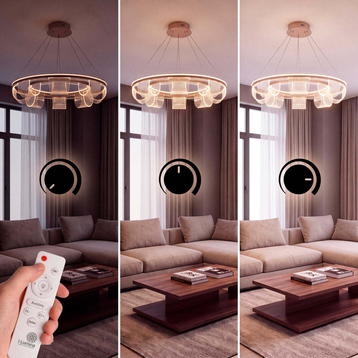 Variación del flujo luminoso para adaptar la iluminación ambiental a distintos usos residenciales.