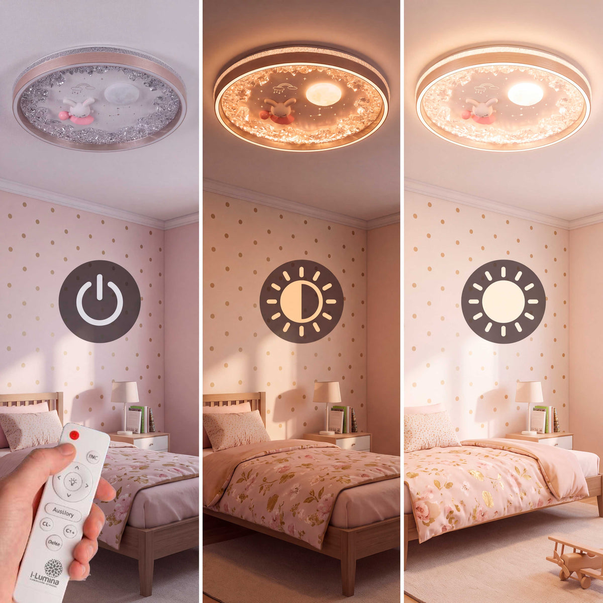 Variación del flujo luminoso para adaptar la atmósfera del dormitorio infantil a la hora de dormir.