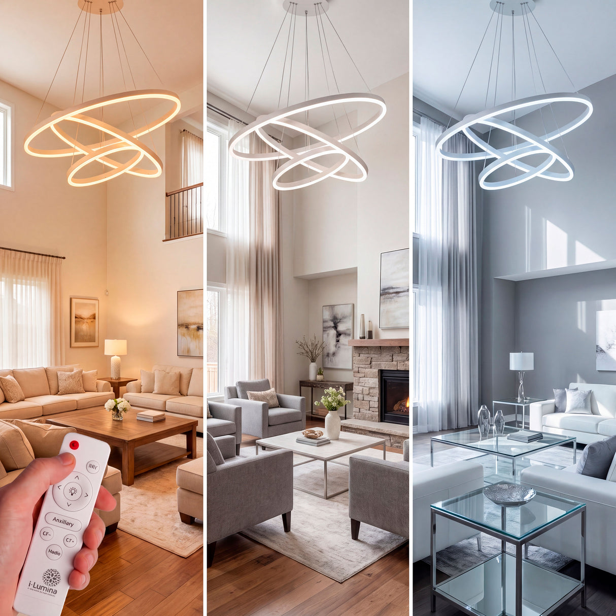 Comparativa de tres temperaturas de color aplicadas en una sala amplia para adaptar la atmósfera del hogar.