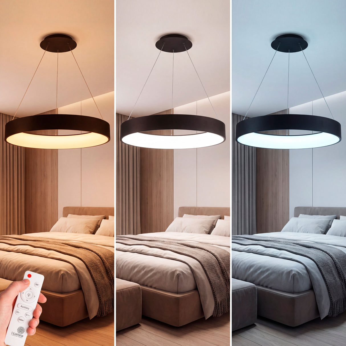 Demostración de tres temperaturas de color para adaptar la eficiencia lumínica en habitaciones de diseño.