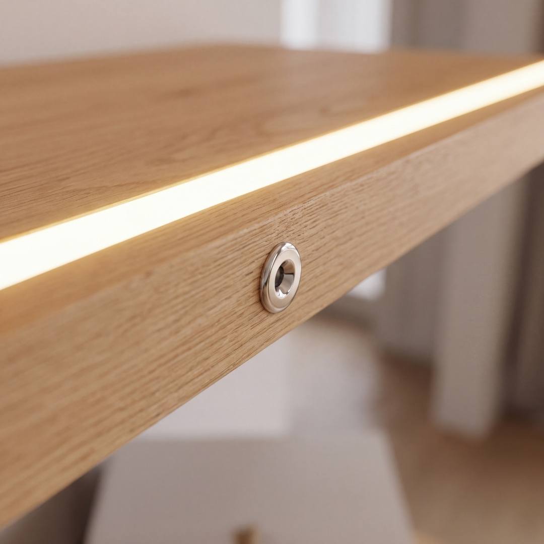 Sensor cromado empotrado en repisa de madera con cinta LED encendida