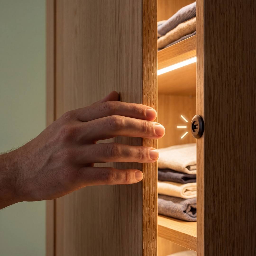 Mano abriendo puerta de clóset y luz LED encendiéndose con sensor de puerta