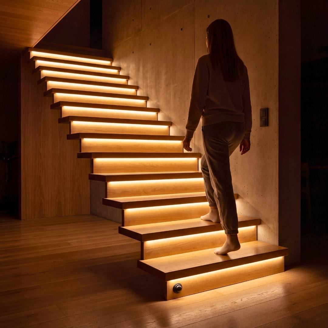Escalera con cintas LED encendidas al paso por sensor de movimiento