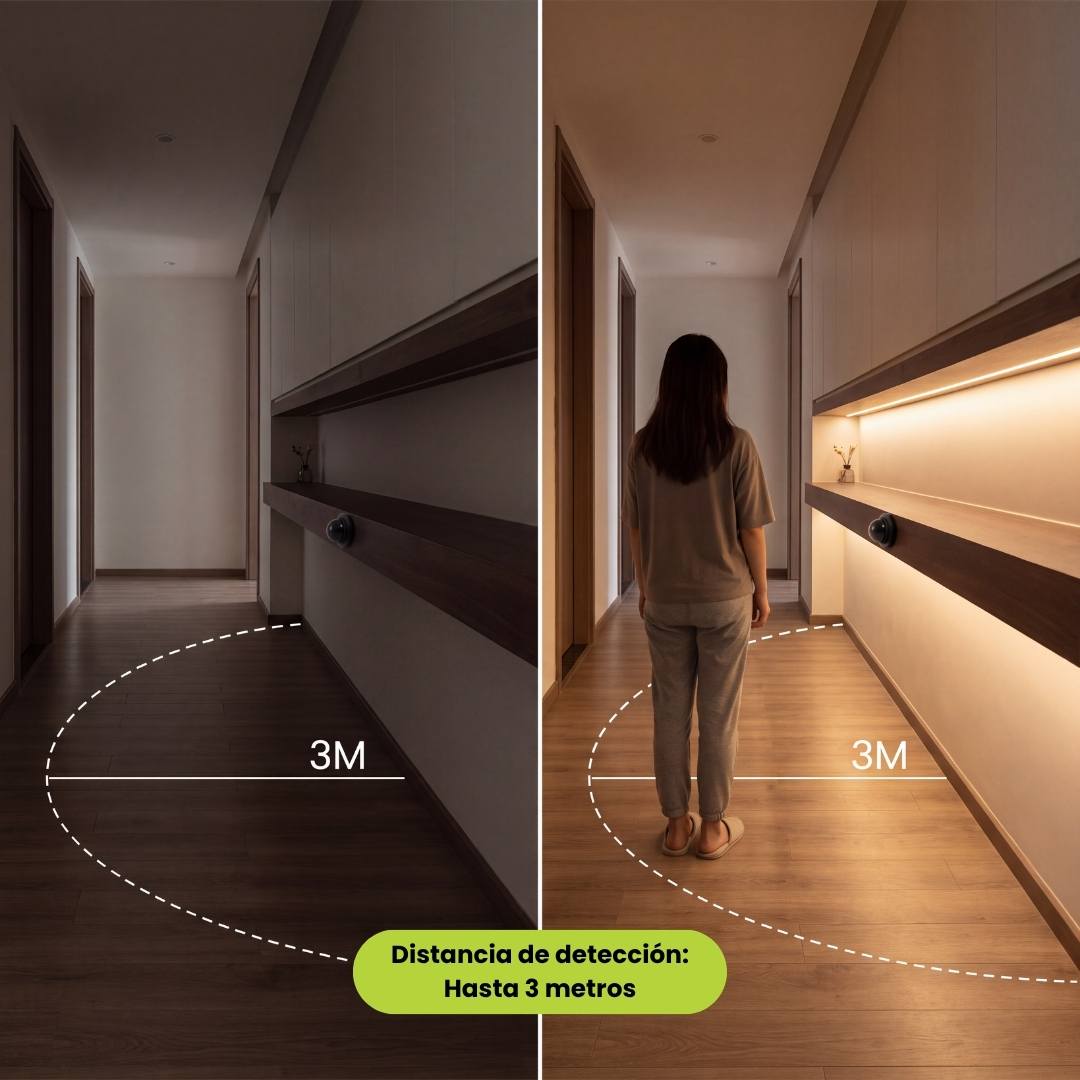 Pasillo iluminado de noche con cinta LED activada por sensor de movimiento