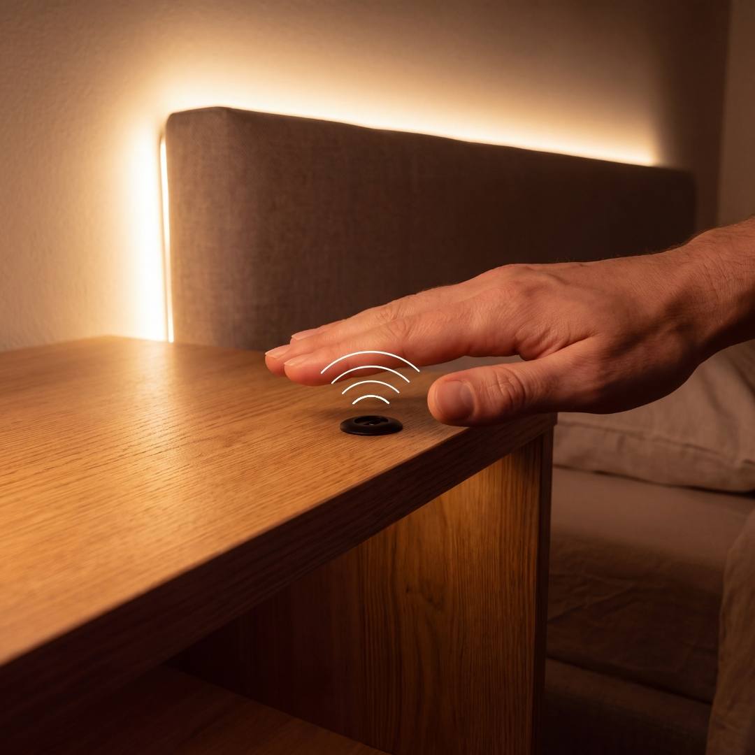 Mano activando por proximidad la cinta LED en repisa de madera