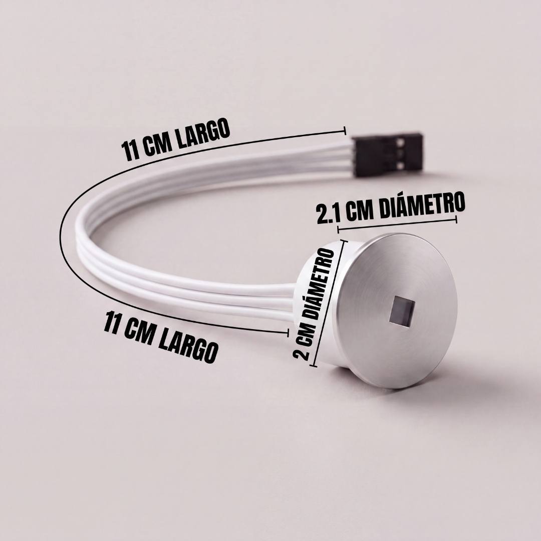 Dimensiones del sensor PIR: cabezal 2.1 cm, cuerpo 2 cm, cable 11 cm