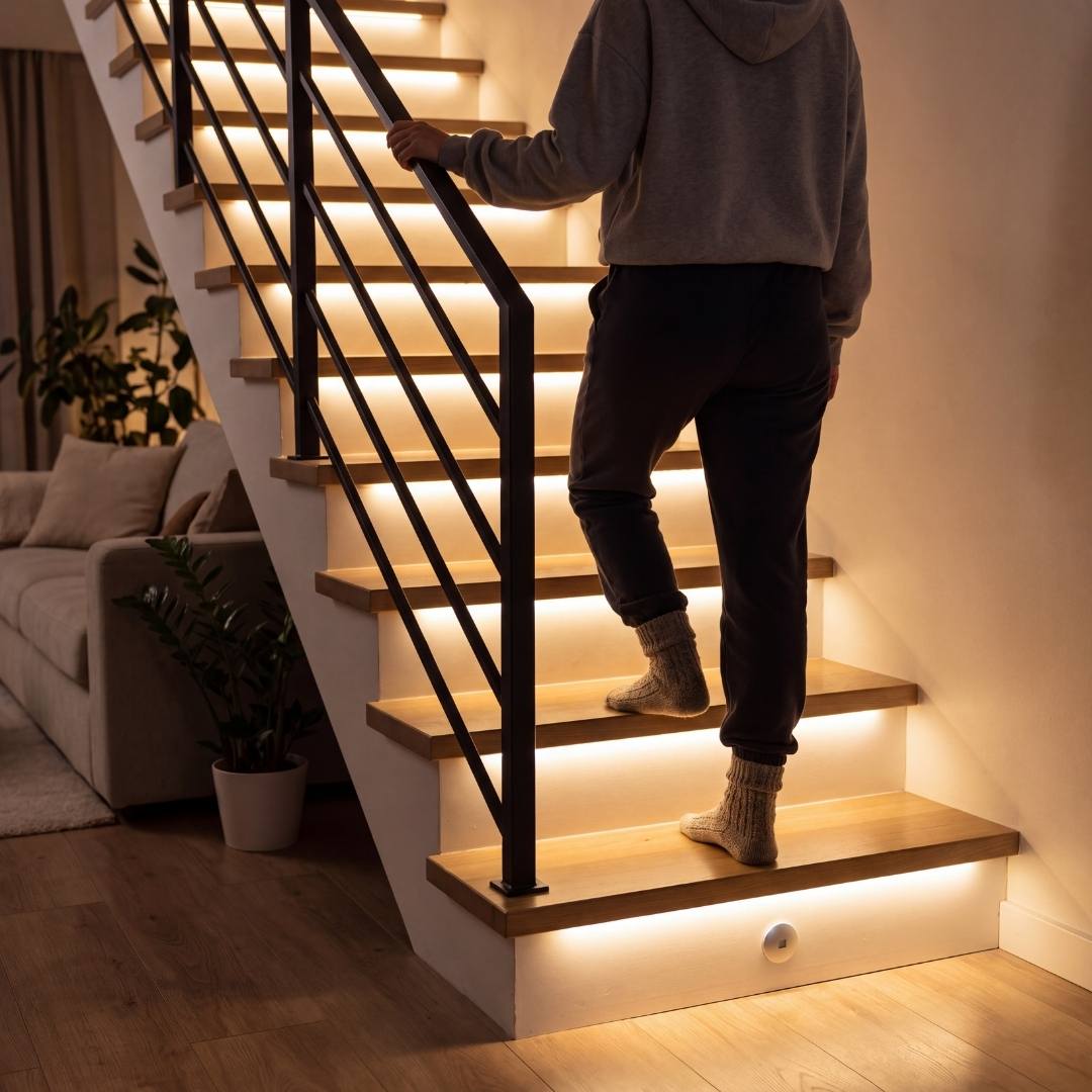 Peldaños iluminándose secuencialmente con sensor de movimiento para escaleras