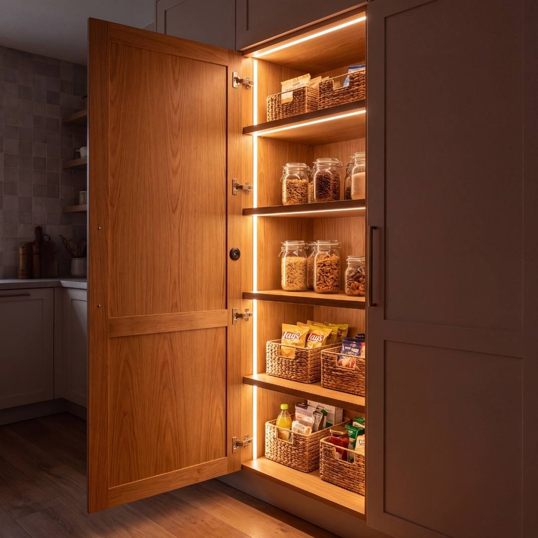 Aparador con interior iluminado por cinta LED al abrir la puerta