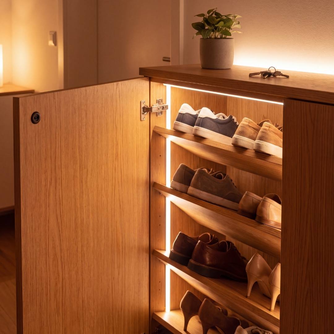 Zapatera con cinta LED encendida automáticamente al abrir la puerta