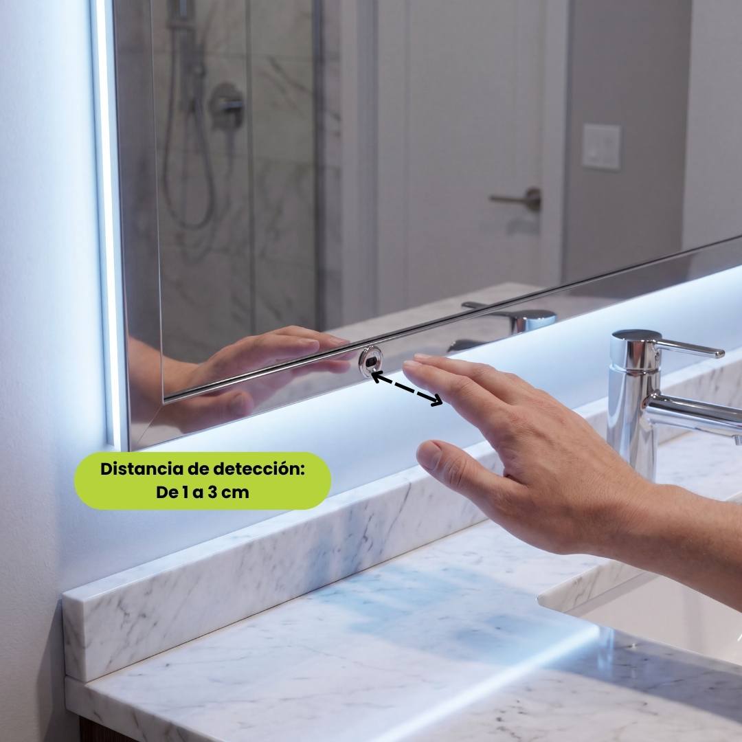 Mano activando sin contacto la cinta LED fría del mueble de baño