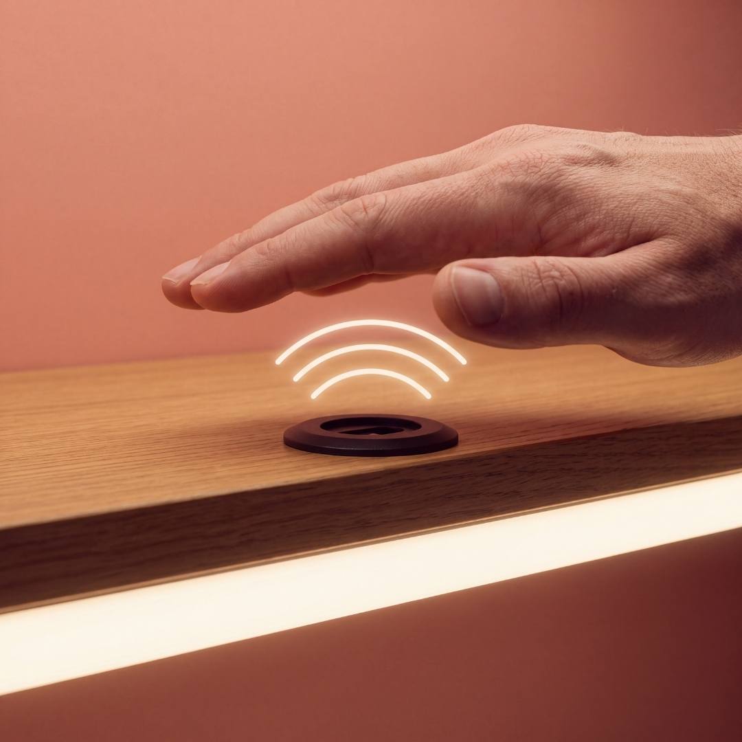 Mano pasando sobre sensor sin contacto que enciende cinta LED en repisa