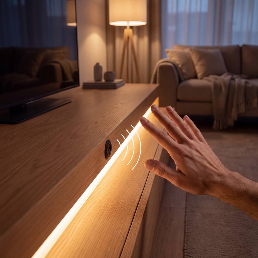 Clóset con cintas LED en repisas activadas por sensor sin contacto